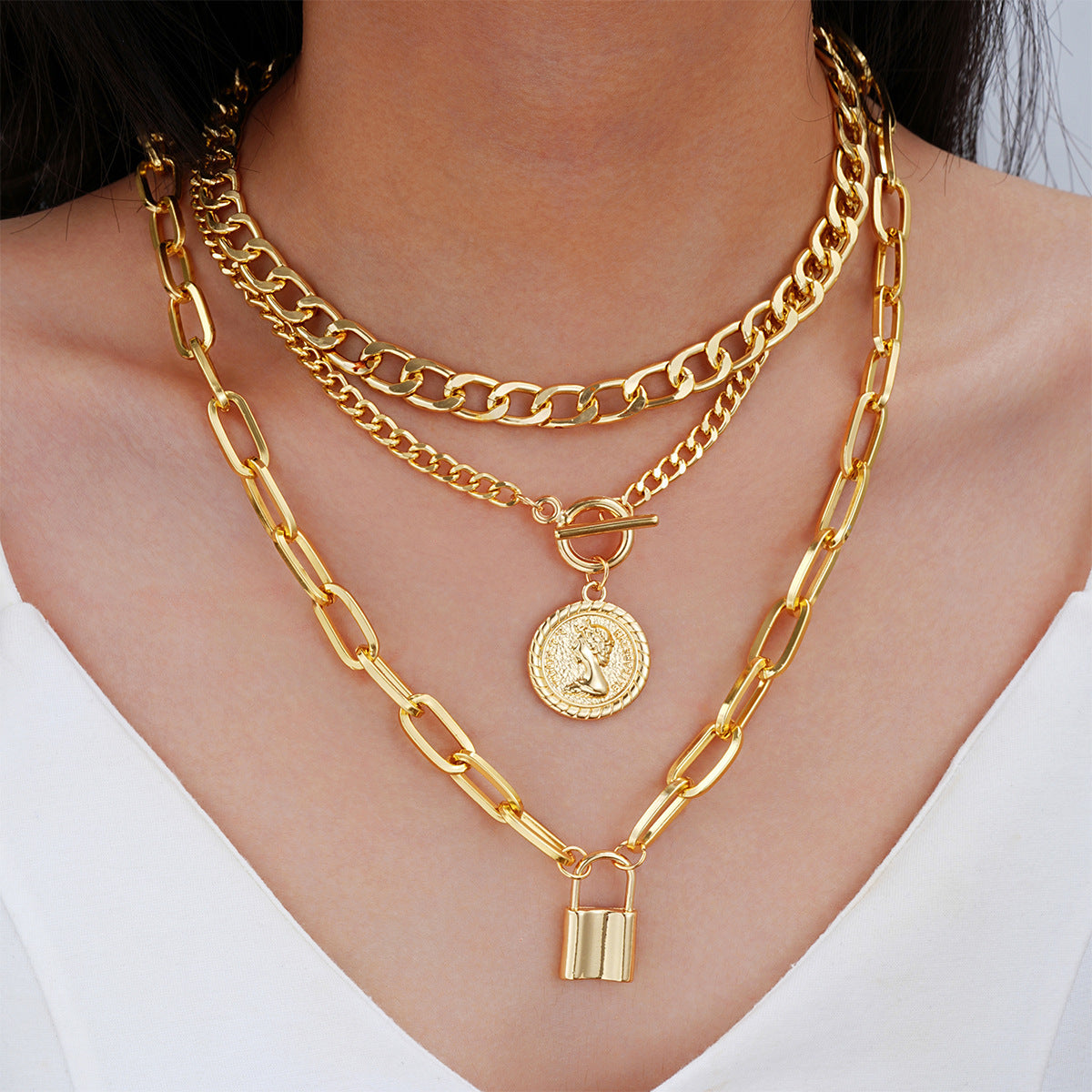 European And American Coin Snake Bone Three-layer Necklace For Women