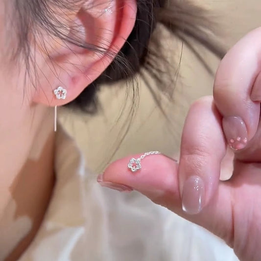 Sterling Silver Needle Silver Hollow Flower Hanging Earrings