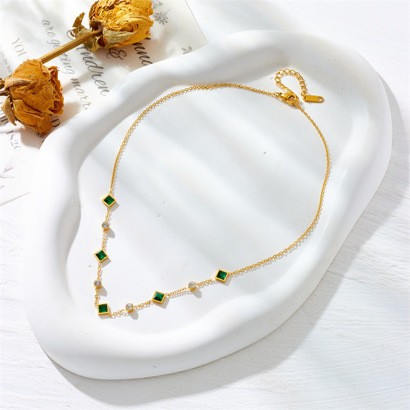 Stainless Steel Cube Emerald Zircon Personality Simple Necklace