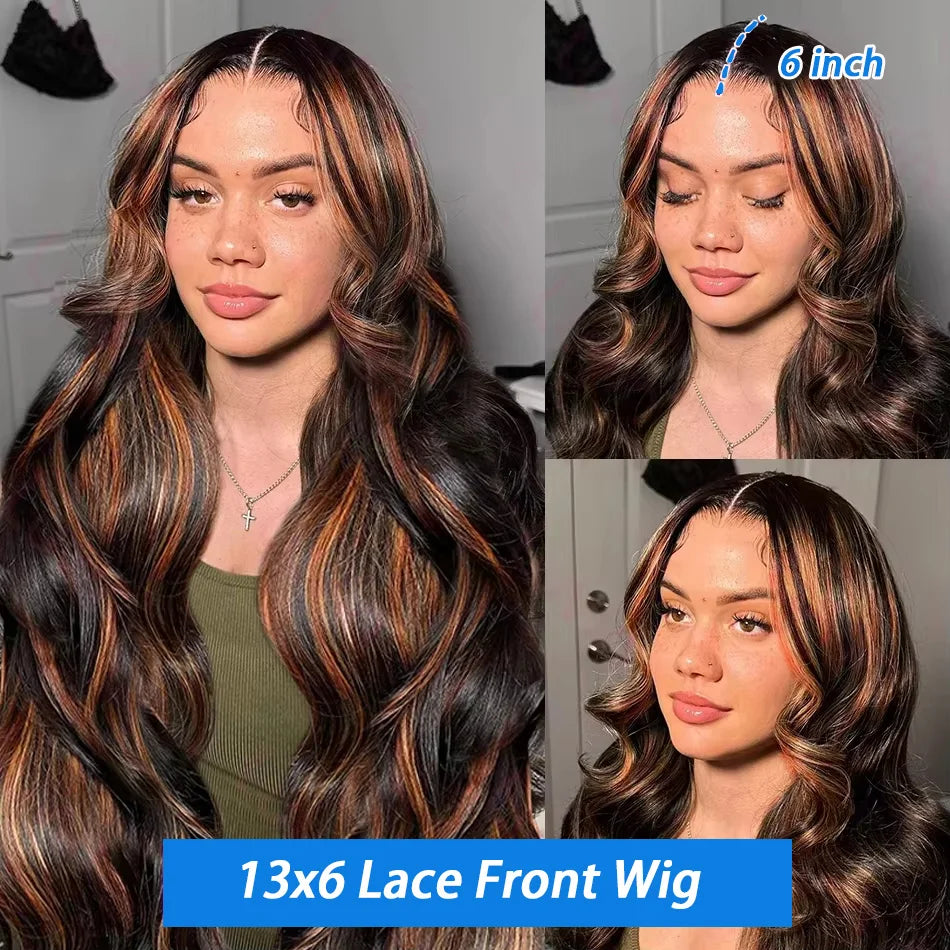 Ombre Highlight Body Wave 13x4 HD Lace Front Human Hair Wig Curly 1B/30 Black Brown Colored 13x6 Lace Frontal Wigs For Women