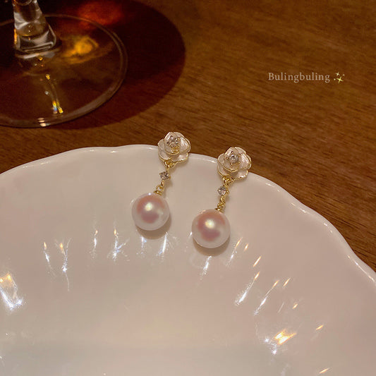 Camellia Pearl Flower Stud Earrings For Women