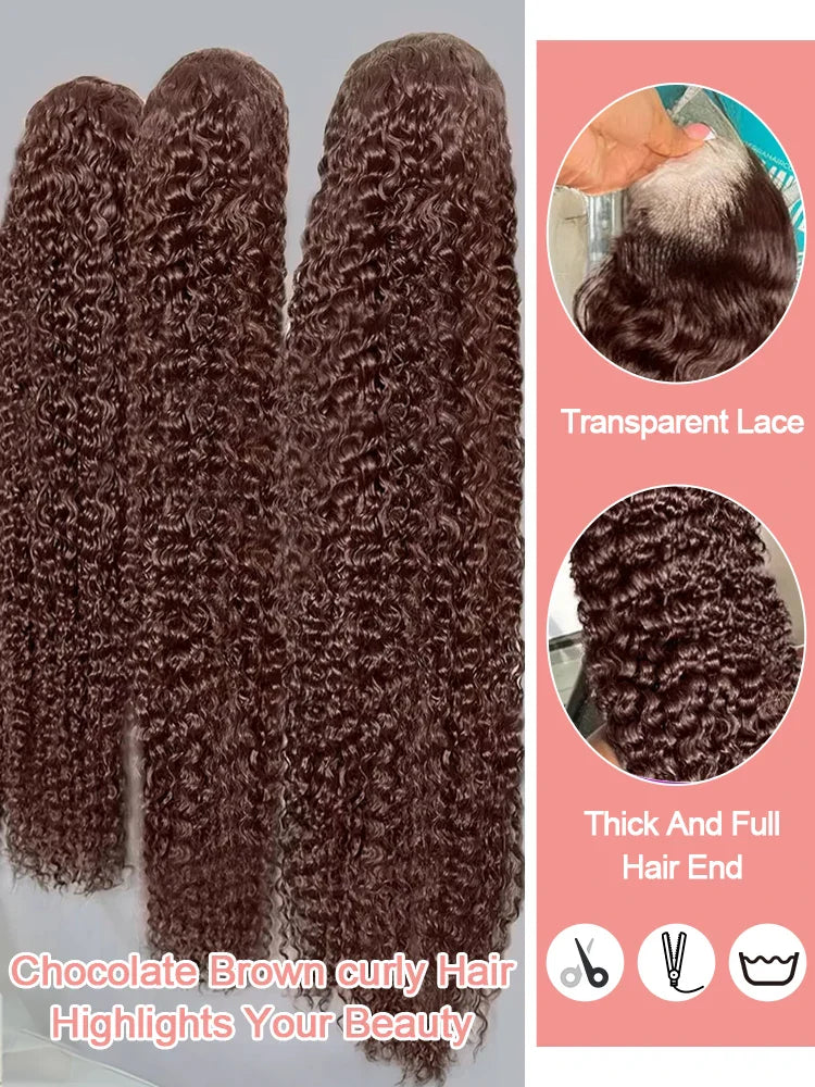 200% Chocolate Brown Deep Wave Human Hair Wig 30 34Inch Transparent Lace Frontal Wigs For Women 13x6 Lace Front Water Curly Wigs